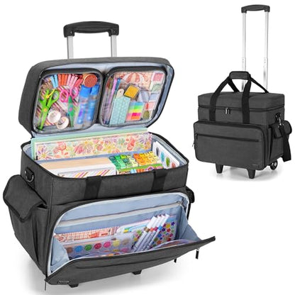 Teamoy Rolling Scrapbook Tote, Craft Bag with Detachable Wheels, Black | Scrapbook Storage Bag with Bottom Wooden Pad, 2 detachable zipper pouches, Shoulder Straps for Paper, Ablum - color: Black