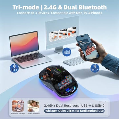 FMOUSE Transparent Wireless Mouse, 2 Cute 2026 Figurines, Tri-Mode, Black | Rechargeable | USB-A & USB-C Receivers for Mac, iPad, Laptop | 2.4G & Dual Bluetooth | Silent Clicks | RGB | Portable - color: Black