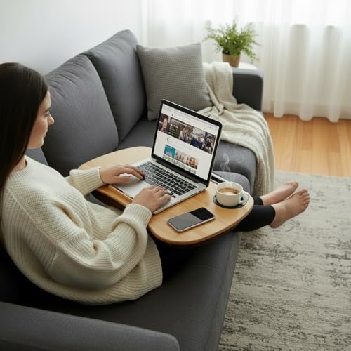 Lap Desk for Laptop with Cushion, Cup Holder-Fits up to 18 inch | Bamboo Computer Laptop Stand with Phone Hoder, Anti-Slip Stopper - size: 21.6"x13.8" with Cup Holder