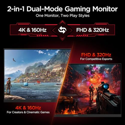 KOORUI 27" 4K Gaming Monitor - Dual Mode UHD 160Hz or FHD 320Hz, Fast IPS 1ms, FreeSync Premium & G-SYNC Compatible, HDMI 2.1/DP 1.4, HDR400, Height/Pivot/Tilt Adjustable, PC & Console Ready, G2741L - size: 27" Dual Mode (4K 160Hz / FHD 320Hz)