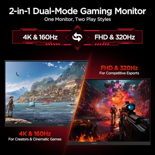 KOORUI 27" 4K Gaming Monitor - Dual Mode UHD 160Hz or FHD 320Hz, Fast IPS 1ms, FreeSync Premium & G-SYNC Compatible, HDMI 2.1/DP 1.4, HDR400, Height/Pivot/Tilt Adjustable, PC & Console Ready, G2741L - size: 27" Dual Mode (4K 160Hz / FHD 320Hz)