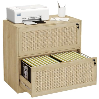 HOPUBUY 2 Drawer File Cabinet with Lock, Printer Stand Lateral | Home Office and School, Wood Rattan Filing Cabinet for Hanging Files/Letter/Legal/A4/F4 Size, Natural, 2Drawer,Set1 - color: Natural, size: Set1