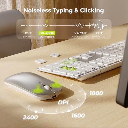 seenda Bluetooth Keyboard and Mouse for Mac, COS500 Multi-Device Rechargeable Keyboard Mouse with Quiet Keys, Full Size Slim Combo Compatible for MacBook Pro/Air, Mac, iPad, iPhone - White Silver
