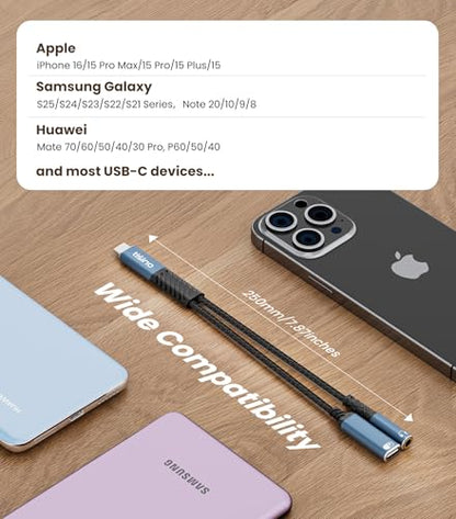 Tisino USB C to 3.5mm Headphone and Charger Adapter, Aux to USB C & 60W PD Charging, HiFi DAC 32bit/384kHz, USB C to Headphone Jack Adapter for iPhone 16 15/Samsung S25/S24/Pixel 8/7