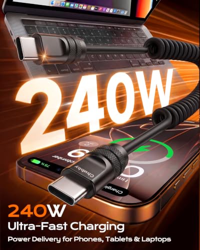 chubbycable Silicone 240H Sag-Free Coiled USB A to C Cable, 1 Pack, Black | Self-Organizing, 6FT USB-C Cable for Car, 120W Fast Charging, 45,000+ Bend Tested, Support Carplay & Android Auto - color: All Black-1 Pack