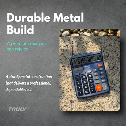 TRULY 12 Digits Desktop Calculator with Large LCD Display and Sensitive Button, Dual Solar Power and Battery, Standard Function for Office, Home, School, Metal Body, 837A Pro Blue - color: Deep Blue