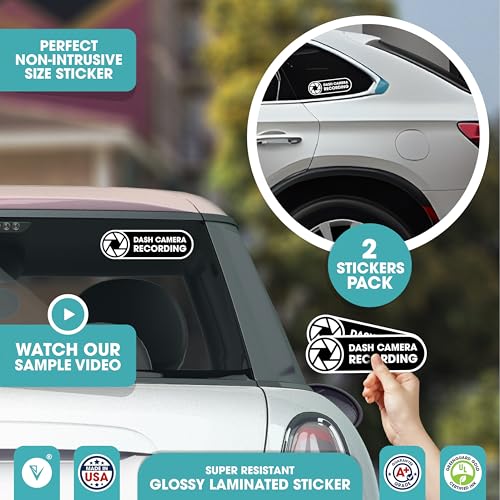 Dash Camera Recording in Car Sticker | Dash Cam Vinyl Sticker Sign | in Car Camera Recording | 2 Pack Car Window Small Sticker | Black Glossy 8x2.5 Inches Waterproof Sticker (Large) - size: Large