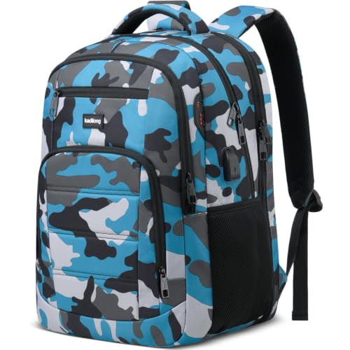 kadilong Travel Laptop Backpack for Men with USB Charging Port,College High School Bookbag for Teen Boys Business Work Bag - color: Camouflage Blue, size: 15,6 inch