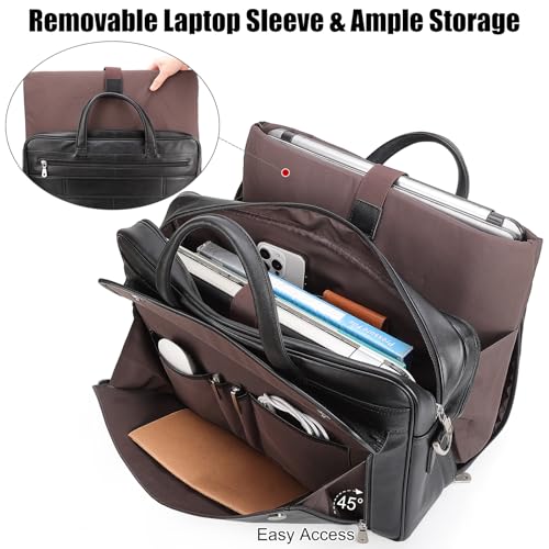 Masa Kawa Leather 15.6" & 17" Laptop Briefcase Men Business Messenger Bag | Full Grain Cowhide Business Travel Office Work Crossbody Shoulder Professional Attache Case for 2 Computers - color: Black-fits 17" Laptop