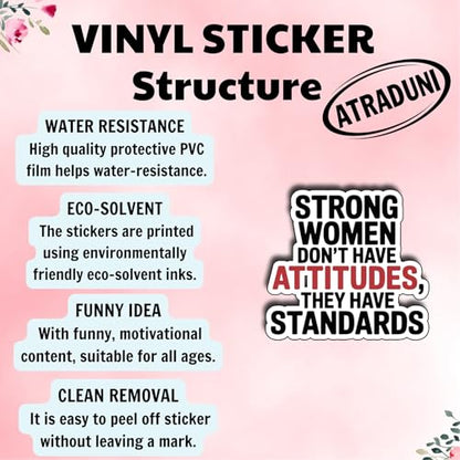 (3Pcs) Strong Women Don’t Have Attitudes They Have Standards Stickers Empowerment Feminist Quote Gifts Waterproof Vinyl Decals Size 3" - color: Strong Women Don’t Have Attitudes