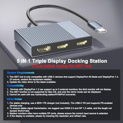 USB C to Dual HDMI and DisplayPort Adapter with PD 100W/USB3.0, 5 IN 1 USB C Docking Station 3 Monitors, 4K@60Hz HDMI Splitter Extended Display for Dell/HP Laptop, DP MST/SST Hub for Multiple Monitors