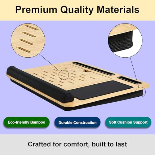 Foldable Wooden Laptop Stand for Desk – Adjustable & Portable Lapdesk with Cushion – Ergonomic Wood Laptop Riser with Storage Shelf for Home, Office & Travel – Fits Up to 16-Inch Laptops