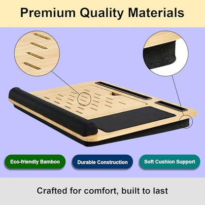 Foldable Wooden Laptop Stand for Desk – Adjustable & Portable Lapdesk with Cushion – Ergonomic Wood Laptop Riser with Storage Shelf for Home, Office & Travel – Fits Up to 16-Inch Laptops