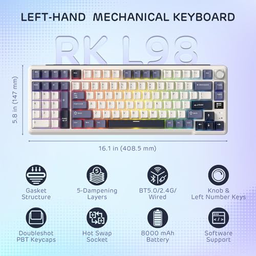 RK ROYAL KLUDGE L98 Wireless Mechanical Keyboard w/Southpaw Numpad | Left-Handed Gasket Gaming Keyboard with Knob, Tri-Mode 95% Hot Swappable Keyboard BT/2.4G/USB-C, Massive 8000mAh Battery - color: Sage Blue, size: Tactile Beige Switch