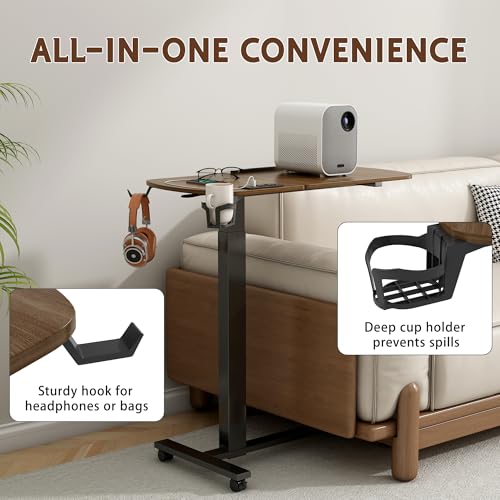 6 In 1 Overbed Table, 32'' Long Hospital Bed Table, Bedside Table (Walnut) | 32'' Length, 0- 90°Adjustable Tilt, Standing Desk Charging Station, Cup Holder, Hook, 30''-43'' Height Home Hospital Office - color: Walnut