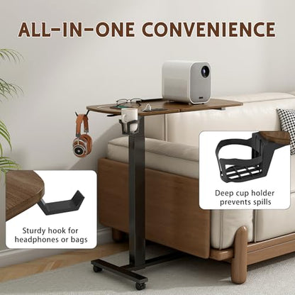 6 In 1 Overbed Table, 32'' Long Hospital Bed Table, Bedside Table (Walnut) | 32'' Length, 0- 90°Adjustable Tilt, Standing Desk Charging Station, Cup Holder, Hook, 30''-43'' Height Home Hospital Office - color: Walnut
