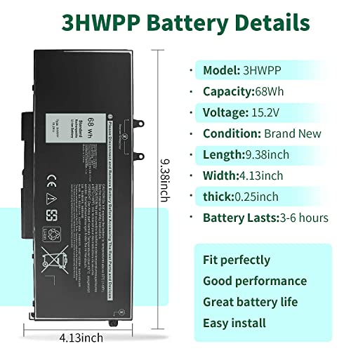 68Wh 3HWPP Replacement Battery for Dell Latitude 5410 5510 5501 5401 5411 | 5511 Precision 3541 3551,Inspiron 7706 2-in-1, Inspiron 17 7500 7506 2-in-1 Black 03HWPP 10X1J N2NLL 1VY7F 451-BCMN 15.2V - size: 9.38*4.13*0.25inch 3HWPP