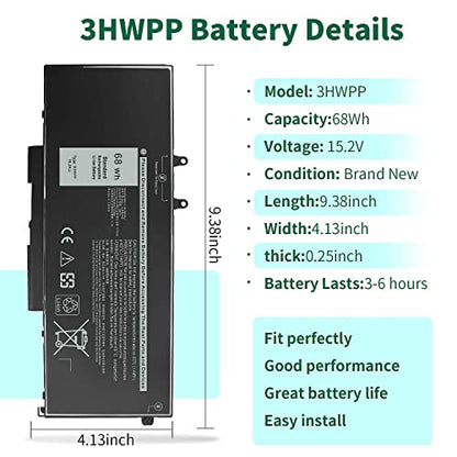 68Wh 3HWPP Replacement Battery for Dell Latitude 5410 5510 5501 5401 5411 | 5511 Precision 3541 3551,Inspiron 7706 2-in-1, Inspiron 17 7500 7506 2-in-1 Black 03HWPP 10X1J N2NLL 1VY7F 451-BCMN 15.2V - size: 9.38*4.13*0.25inch 3HWPP