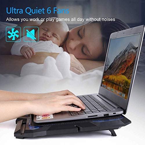 Laptop Cooling Pad, 6 Quiet Fans Up to 12"-17" Gaming Cooler Pad 6 Angle Adjustable Laptop Cooling Fan Stand,Blue LED Lights 2 USB Ports