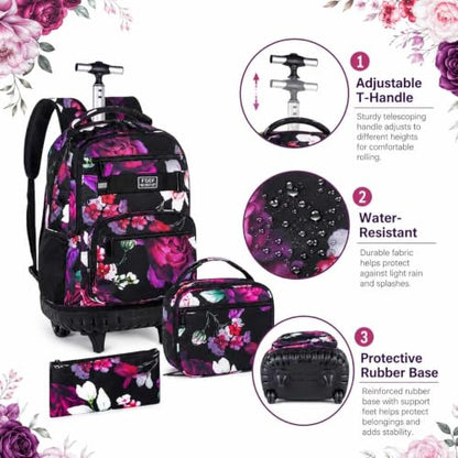 3Pcs Rolling Backpack for Girls, 19 Inche Rose Roller Bag with Wheels, Adults Wheeled Bookbag Set for Women(Black) - color: Rose Black02