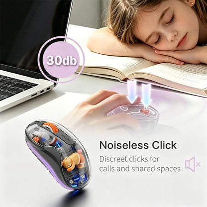 FMOUSE Cute Transparent Mouse, Tri-Mode Wireless, Rechargeable, Grey | USB-A & USB-C Receivers | 2.4G & Dual Bluetooth | Bear Figurine | Silent Click | RGB | For MAC, iPad, Laptop - color: Grey