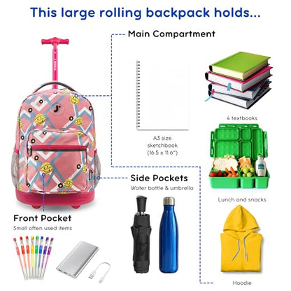 J World Sunrise Kids Rolling Backpack with Wheels for Girls Boys, Roller Bookbag for School, 18 x 13 x 9 Inches, Basketbally - color: Basketbally