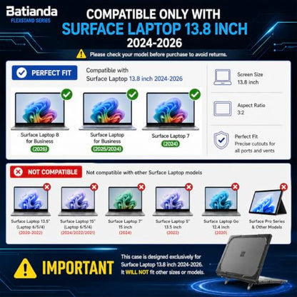 Batianda Durable Stand Case for Microsoft Surface Laptop 13.8 Inch, Blue | Ergonomic Foldable Stand, Heavy Duty Matte Hard Shell, Fits 2024-2026 Surface Laptop 7/8th Edition for Business 13.8 Inch - color: Blue