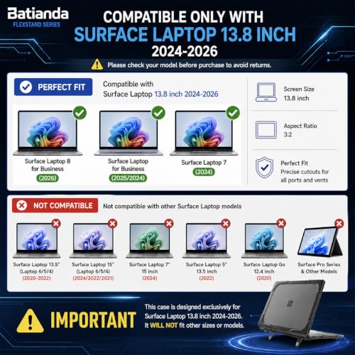 Batianda Durable Stand Case for Microsoft Surface Laptop 13.8 Inch, Khaki | Ergonomic Foldable Stand, Heavy Duty Matte Hard Shell, Fits 2024-2026 Surface Laptop 7/8th Edition for Business 13.8 Inch - color: Khaki