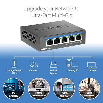 D-Link 5-Port 2.5GB Unmanaged Gaming Switch with 5 x 2.5G - Multi-Gig, Network, Fanless, Plug & Play (DMS-105),Black - size: 5 Port Multi-Gig 2.5Gb