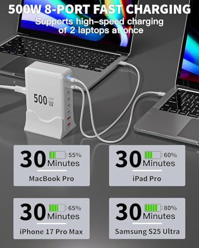 500W USB C Charger Block Charging Station,GaN3 8-Port Fast Charger Block with Dual PD 100W USBC Fast Charging Station Desktop Hub Compatible with iPhone 17 16 15 14/Pro Max/MacBook Pro/Air/iPad(White) - color: White-B