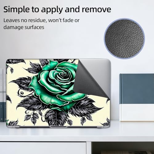 Aesthetic Laptop Skin Sticker, Green Rose with Black Leaves Waterproof Vinyl Laptop Decal, Removable Bubble Free, Reusable Protective Cover for 13 14 15 15.6 Inch - color: Green Rose with Black Leaves