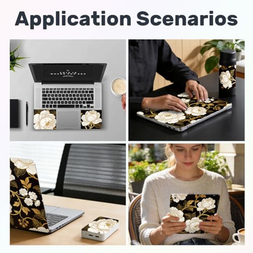 3Pcs White Flowers Laptop Skin Sticker Plants Universal Removable Vinyl Stickers Fits for 12.1 13 14 15.6 16 Inch Waterproof Notebook Decal Cover Gift for Woman - color: Black and White
