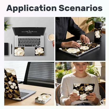 3Pcs White Flowers Laptop Skin Sticker Plants Universal Removable Vinyl Stickers Fits for 12.1 13 14 15.6 16 Inch Waterproof Notebook Decal Cover Gift for Woman - color: Black and White