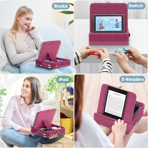 KDD Tablet Pillow Stand with Storage, Foldable iPad Holder for Lap, Desk and Bed, Angle Adjustable Soft Pad Dock with Stylus Mount Compatible with iPad Pro, Air, mini, Book, Phone and Tablet (4-13") - color: Dark Purple