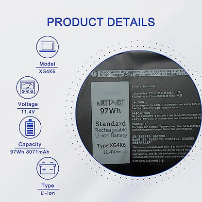 JOTACT XG4K6 97Wh Laptop Battery Replacement for Dell XPS 17 9700 9710 9720 17-9700-R1505S Precision 5750 5760 5770 Series 01RR3 0F8CPG F8CPG 0YY3V 5XJ6R KVPMY KRDHV 3ICP7/54/65-2 11.4V 6-Cell - size: 12.97*3.19*0.36 inch XG4K6