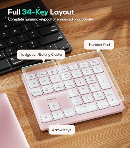 Nulea Wireless Number Pad Bluetooth 5.0 & 2.4G Portable Numeric Keyboard, USB-C Rechargeable, 34-Keys Bluetooth Keyboard for Data Entry (Pink) - color: B-Pink