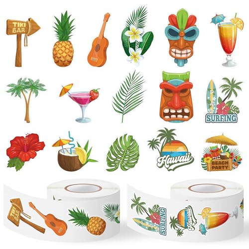 Hawaii Summer Stickers Rolls - 1000 Pcs Hawaii Waterproof Vinyl Reusable Laptop Stickers Coloring Book Scrapbook Water Bottle Page Activity Pad Summer Birthday Party Favors Gift Skateboard - style: Hawaii Summer