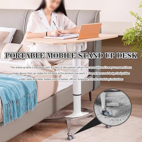 Height Adjustable Desk Conference Room Lift Speech Sit Stand Desk, School Mobile Podium with Rollers, Foldable Tilting Desktop Side Table, Fixed Slot and Fence(Natural) - color: Natural
