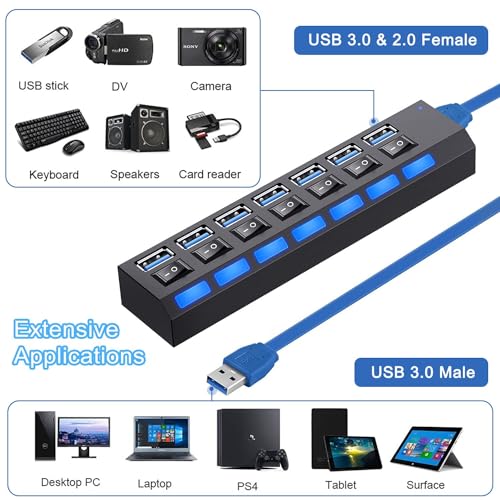 USB Hub 3.0, VIENON 7-Port USB Extender Splitter with Individual LED ON/Off Switches, USB3.0 Hub for Laptop, PC, MacBook, Mac Pro, Mac mini, iMac, Surface Pro and More USB Devices-2FT