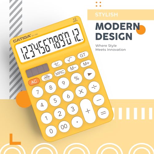 CATIGA 12 Digit Desktop Calculator Basic Desk Calculator with Large LCD Display, Big Buttons, 4 Function, Solar and Battery Dual Power, for Office, School, Home, SD-1292 Yellow - color: 9) Yellow
