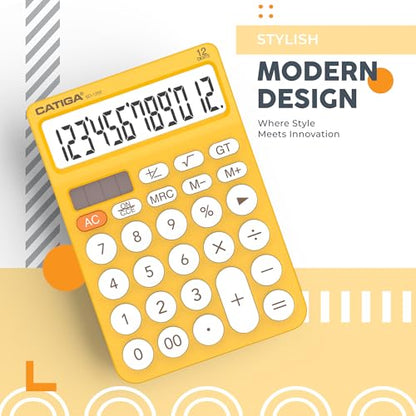 CATIGA 12 Digit Desktop Calculator Basic Desk Calculator with Large LCD Display, Big Buttons, 4 Function, Solar and Battery Dual Power, for Office, School, Home, SD-1292 Yellow - color: 9) Yellow