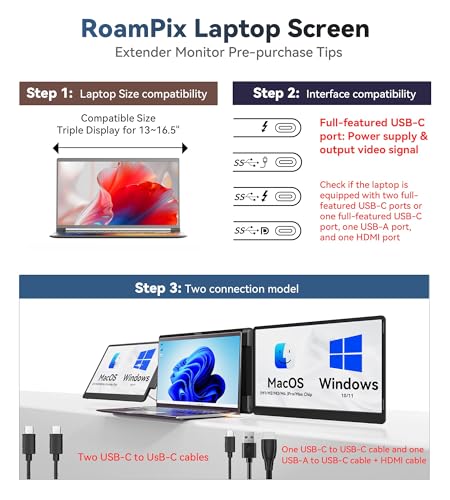 Laptop Screen Extender, 14" 1200P FHD IPS Portable External Screen, Triple Portable Laptop Monitor for 12-16.5" Laptops with USB-C/HDMI, Plug & Play Compatible with Wins/Mac(M1//M2/M3Pro/Max) - size: 14", style: Triple screen