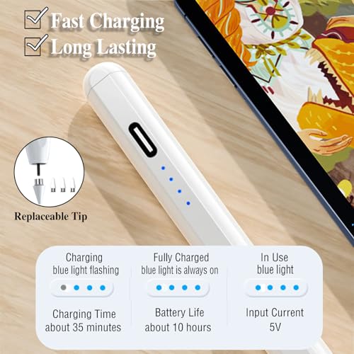 Active Stylus Pens for Touch Screens Rechargeable Tablet Pen POM Tip | Magnetic iPad Pencil Stylus Pen for iPad/Pro/Air/Mini/iPhone and Other Smartphone Device-White
