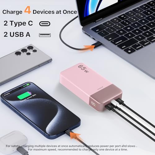 JUOVI Power Bank 65W 20000mAh Laptop Portable Charger | Fast Charging with 4 Ports LED Display External Battery Pack for MacBook Air iPad Tablet iPhone Samsung Steam Deck etc - color: Pink