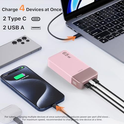 JUOVI Power Bank 65W 20000mAh Laptop Portable Charger | Fast Charging with 4 Ports LED Display External Battery Pack for MacBook Air iPad Tablet iPhone Samsung Steam Deck etc - color: Pink