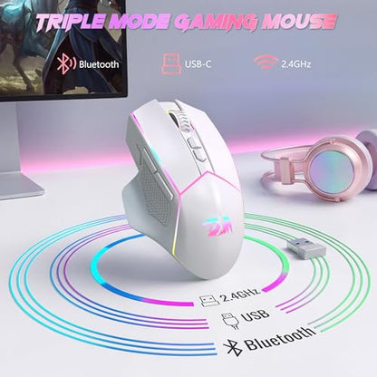 Redragon Wireless Gaming Mouse, Tri-Mode 2.4G/Bluetooth/USB-C, 7 Programmable Buttons, Tactile Rapid Fire Key, 24000 DPI RGB Ergonomic Mouse for PC Windows Gaming & Work, M814W - color: White