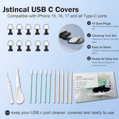 USB C Dust Plugs, 10 Pack Anti-Lost USB Type C Port Covers with Cleaning Kit for iPhone 15/16/17, Samsung, Pixel, MacBook, Android Phones-ompatible with All Phone Cases