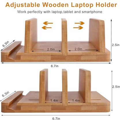 Vertical Laptop Stand for Desk Dual Slot 1.4-2in Width Adjustable Dock for MacBook Pro and Other Laptops,Bamboo Stand for Desk,MacBook Air Pro/Dell XPS/Surface pro/HP/Pixelbook/Lenovo,More Laptops