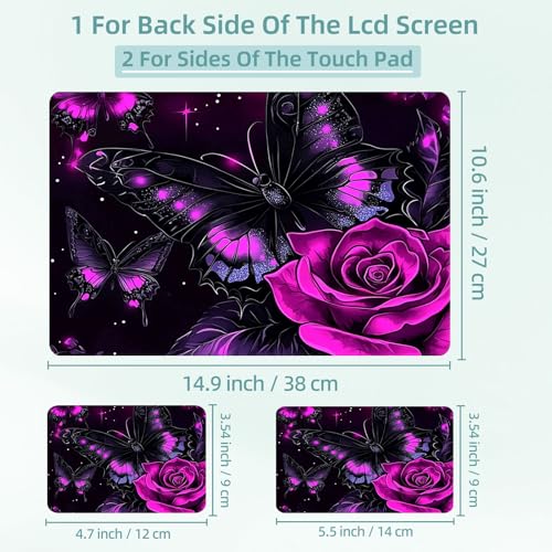Universal Laptop Skin Decal, 3-Piece Vinyl Protector for 12 13 14 15.6" Notebook, Waterproof Anti-Scratch, Easy Trim & Bubble-Free Finish, Purple Rose and Butterfly - color: Purple Rose and Butterfly