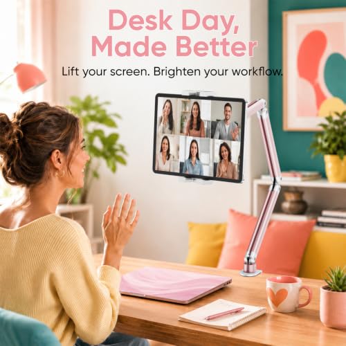 Portable Monitor Stand up to 18.5", iPad Stand for Desk, Pink | Aluminum Arm, Portable Monitor Holder 15.6", Adjustable Desktop Tablet Mount, Second Screens - size: 3 Arm Pro-Up to 18.5" Pink